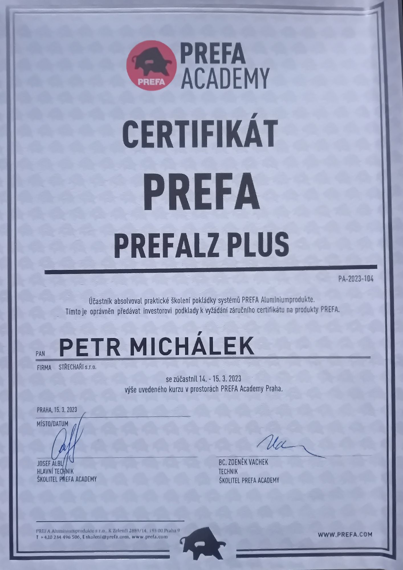 Certifikát Prefa Academy